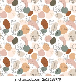 Abstract seamless pattern with colored boho spots of pastel colors and linear cats. Line cat in different poses. Cute pets vector illustration. Animals on white background in minimalist style.