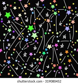 Abstract seamless pattern with colored bright stars on black background. Vector