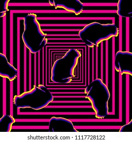 Abstract seamless pattern of colored cats on a black and white 3d background. Vector illustration. 