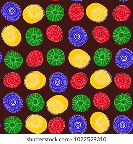 abstract seamless pattern with colored circles, flowers on a dark background