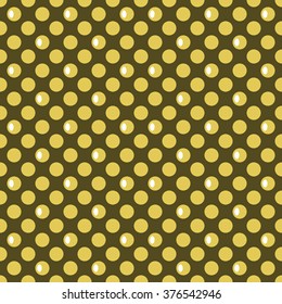 Abstract seamless pattern of colored circles. Large polka dots. Perforated contrasting background. Yellow and dark olive green colors. Vector illustration for fabric, paper and other