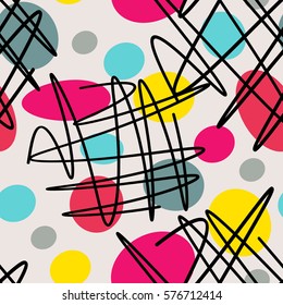 Abstract seamless pattern with colored circles and lines for design and textiles.