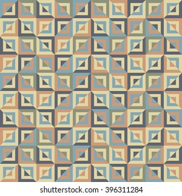 Abstract seamless pattern of colored divided square blocks. Numerous squares of decreasing sizes placed one inside another. Motley graphic print for stylish modern design. Vector illustration