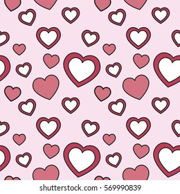 Abstract seamless pattern with colored hearts. Greeting card. Wrapping paper. Vector Illustration for your design. Happy Valentines Day background. Backdrop in vintage and retro style style.