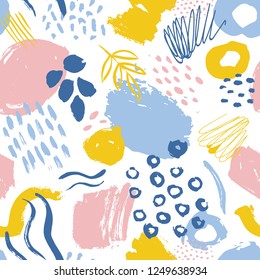 Motif abstrait harmonieux avec des traces de peinture colorées, traces, gouttes sur fond blanc. Illustration vectorielle créative dans le style art contemporain pour papier d'emballage, fond d'écran, impression textile, arrière-plan.