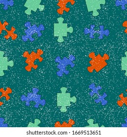 Abstract seamless pattern with colored puzzle, spray effect. Urban background. Repeated drawing.