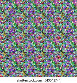Abstract seamless pattern with colored rose flowers. Mosaic texture of stylized floral motif, rose flowers background. Seamless floral background. Backdrop with roses, vector mosaic picture.
