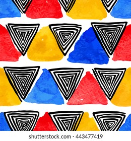 Abstract seamless pattern of colored watercolor and black spiral triangles. hand-drawn illustration