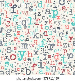 abstract, seamless pattern with colorful alphabet letters ornament over paper texture. vector, retro style background. fashion, textile print with font type design. education concept wallpaper