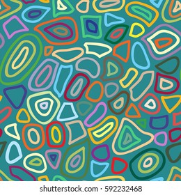 Abstract seamless pattern. Colorful background with bright curved hand-drawn elements. Design for textile, fabrics, printing, cards, wallpaper, wrapping paper.