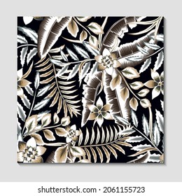 Abstract seamless pattern with colorful banana leaves and flower plant on black background. Fashionable tropical pattern. Jungle print. Floral background. Printing and textiles