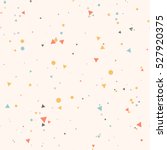 Abstract seamless pattern with colorful blue, gray, yellow, orange chaotic small circles and triangles on beige. Infinity geometric pattern. Vector illustration.  