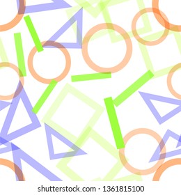 Abstract seamless pattern with colorful blue, gray, yellow, orange chaotic circles and triangles and squares on beige. Infinity geometric pattern. Vector illustration.
