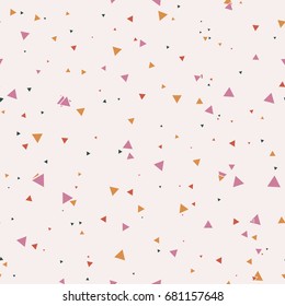 Abstract seamless pattern with colorful blue, gold, orange chaotic small triangles on beige background. Infinity triangular, geometric card. Vector illustration.