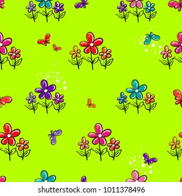 Abstract Seamless pattern. colorful bouquet of three flowers and fly butterflies. Floral repeated backdrop for textile, Clothes, wrapping paper. Botanical Iterative wallpaper drawing in cartoon style
