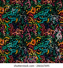 Abstract seamless pattern of colorful brush strokes on the dark faded shabby paper