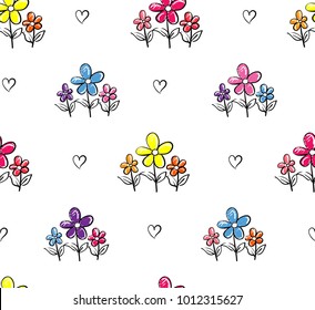 Abstract Seamless pattern. colorful Bush of three flowers and hearts between them. Floral repeated backdrop for textile, Clothes, wrapping paper. Botanical Iterative wallpaper drawing in cartoon style