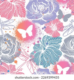 Abstract seamless pattern with colorful butterfly, flower and dragonfly . Fashion print for girl
