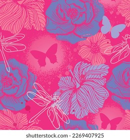 Resumen de un patrón impecable con mariposa, flor y libélula coloridas. Huella de moda para la chica
