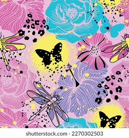 Abstract seamless pattern with colorful butterfly, flower and dragonfly . Fashion print for girl
