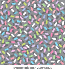 Abstract seamless pattern of colorful cake or donuts glaze with sprinkles topping. Vector illustration bakery decoration texture