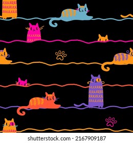 Abstract seamless pattern, colorful cartoon cat. Smiling kitty. Happy cat character. Kitten paw. Repeating baby background. Romantic wrapping paper. Valentine's Day