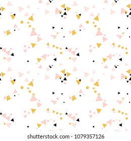 Abstract seamless pattern with colorful chaotic small circles, dots and triangles on white. Infinity geometric background. Vector illustration.  