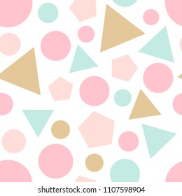 Abstract seamless pattern with colorful chaotic hexagons, circles and triangles on white. Infinity geometric pattern. Vector illustration.  