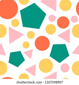 Abstract seamless pattern with colorful chaotic hexagons, circles and triangles on white. Infinity geometric pattern. Vector illustration.  