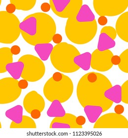 Abstract seamless pattern with colorful chaotic circles, dots and triangles on white. Infinity geometric background. Vector illustration.  