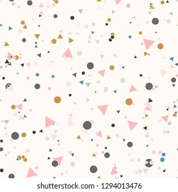 Abstract seamless pattern with colorful chaotic small circles and triangles on beige. Infinity geometric pattern. Vector illustration.    