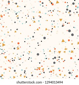 Abstract seamless pattern with colorful chaotic small circles and triangles on beige. Infinity geometric pattern. Vector illustration.    