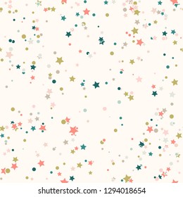 Abstract seamless pattern with colorful chaotic small circles and stars on beige. Infinity geometric pattern. Vector illustration.     