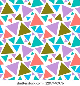 Abstract seamless pattern with colorful chaotic small triangles. Infinity triangular messy geometric pattern. Vector illustration.    