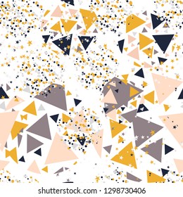 Abstract seamless pattern with colorful chaotic small triangles, dots, stars. Infinity triangular messy geometric pattern. Vector illustration.    