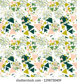 Abstract seamless pattern with colorful chaotic small triangles, dots, stars. Infinity triangular messy geometric pattern. Vector illustration.    