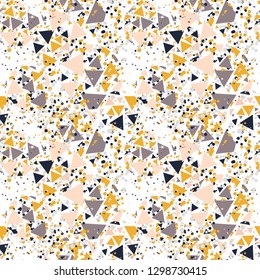 Abstract seamless pattern with colorful chaotic small triangles, dots, stars. Infinity triangular messy geometric pattern. Vector illustration.    