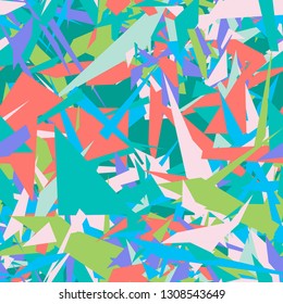 Abstract seamless pattern with colorful chaotic triangles, polygons. Infinity triangular messy geometric pattern. Vector illustration.     