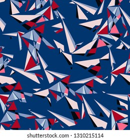 Abstract seamless pattern with colorful chaotic triangles, polygons. Infinity triangular messy geometric pattern. Vector illustration.     