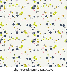 Abstract seamless pattern with colorful chaotic small circles. Infinity dotted messy geometric pattern. Random polka dot. Vector illustration.   