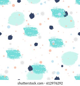 Abstract seamless pattern with colorful chaotic small circles, stars and triangles, grunge brush strokes. Infinity confetti geometric pattern. Vector illustration.