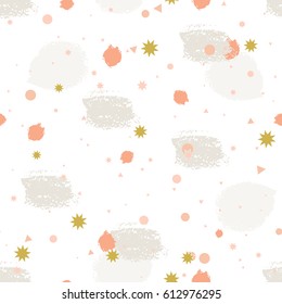 Abstract seamless pattern with colorful chaotic small circles, stars and triangles, grunge brush strokes. Infinity confetti geometric pattern. Vector illustration.