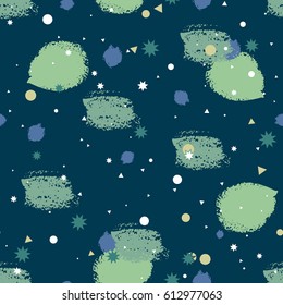 Abstract seamless pattern with colorful chaotic small circles, stars and triangles, grunge brush strokes. Infinity confetti geometric pattern. Vector illustration.