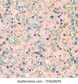 Abstract seamless pattern with colorful chaotic small circles, triangles, rings on pink. Infinity messy geometric pattern. Memphis style. Vector illustration. 