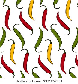 Abstract seamless pattern of colorful chili pepper in trendy bright shades red, green and yellow 