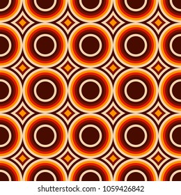 Abstract seamless pattern of colorful circles and rhombuses. Repeating geometric tiles. Stylish texture. Bright warm colors. Vector background.