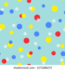 Abstract seamless pattern with colorful circles and snowflakes on blue background. Vector illustration. For web, wallpaper, wrapping paper, scrapbooking, for printing on clothes, textile, package.
