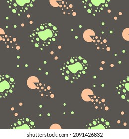 Abstract seamless pattern  with colorful colored blots and dots. Vector design for paper, cover, fabric, ceramic tile,  linoleum, textile, linoleum and package on black background.