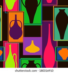 Abstract seamless pattern of colorful crockery in rectangle frames