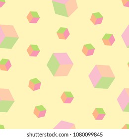 Abstract seamless pattern with colorful cubes on yellow background. Optical effects